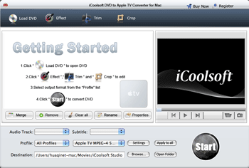 Screenshot of iCoolsoft DVD to Apple TV Converter Mac