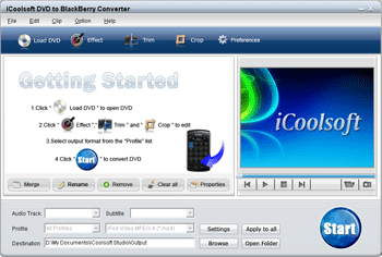 Screenshot of iCoolsoft DVD to BlackBerry Converter