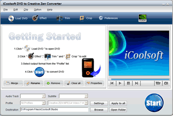 Screenshot of iCoolsoft DVD to Creative Zen Converter
