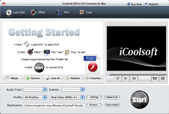 Screenshot of iCoolsoft DVD to FLV Converter for Mac