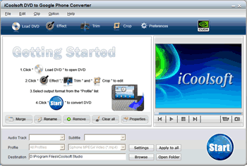 Screenshot of iCoolsoft DVD to Google Phone Converter