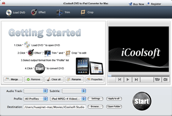 Screenshot of iCoolsoft DVD to iPad Converter for Mac