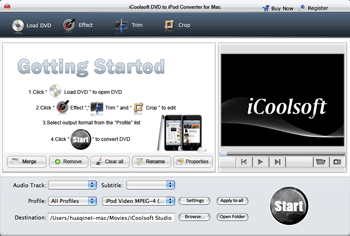 Screenshot of iCoolsoft DVD to iPod Converter for Mac