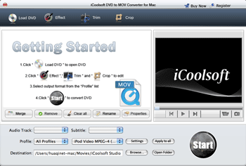 Screenshot of iCoolsoft DVD to MOV Converter for Mac
