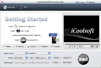 Screenshot of iCoolsoft DVD to MP3 Converter for Mac