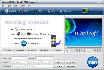 Screenshot of iCoolsoft DVD to Sony XPERIA Converter